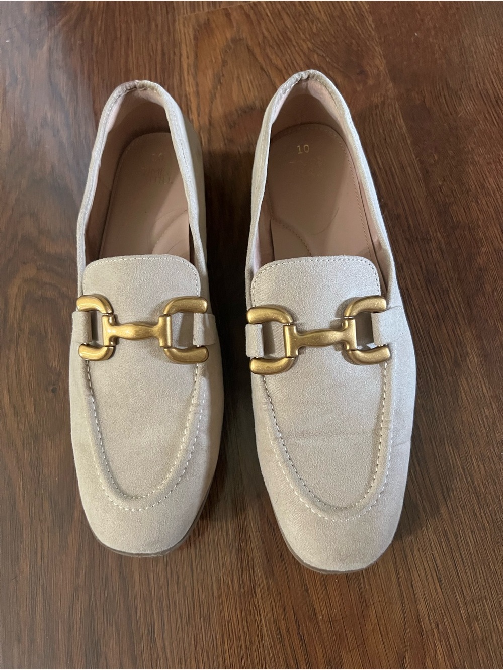 Time and Tru Light Beige Suede Loafers with Gold Buckle